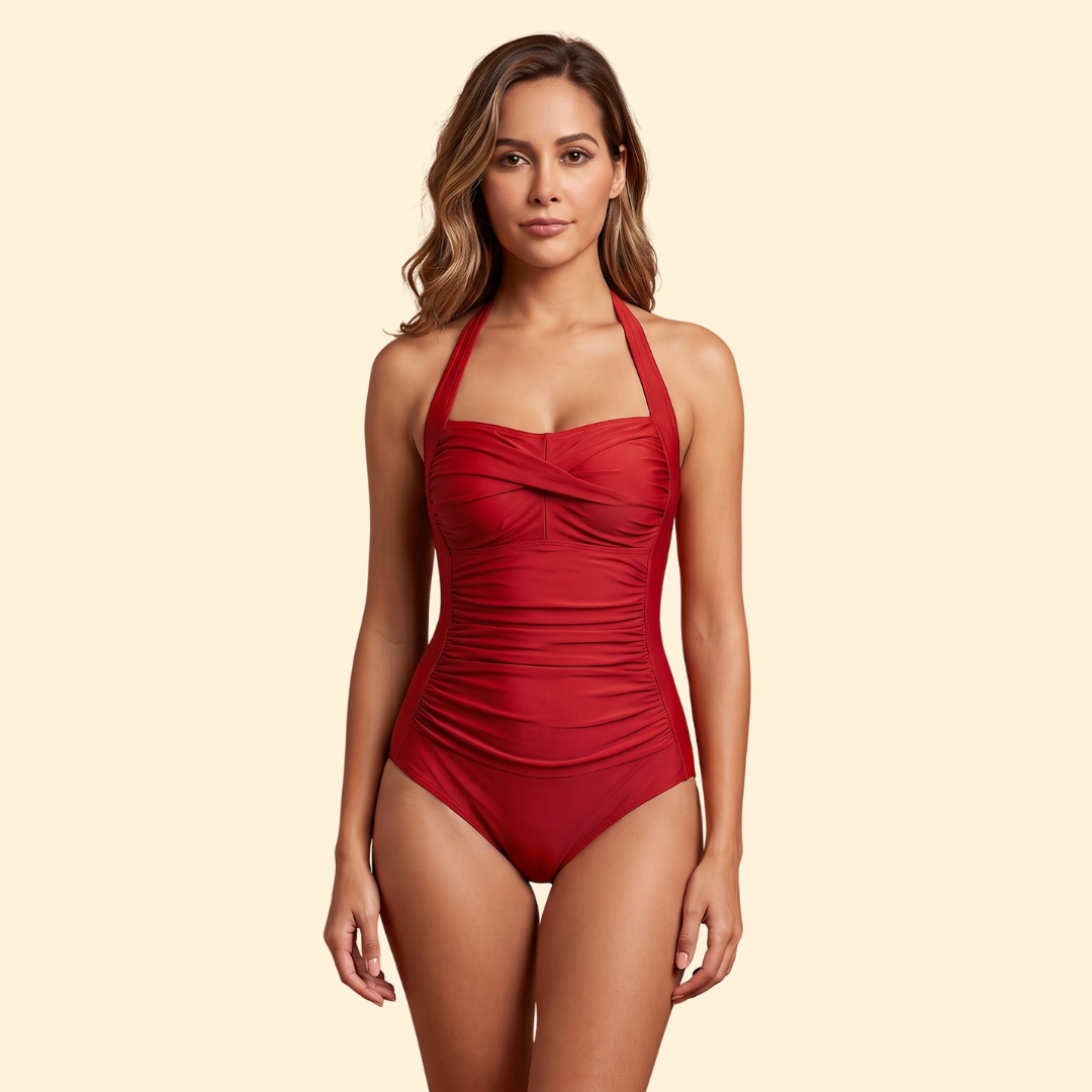 Women Pleated Ruched One-Piece Halter Neck Swimsuit