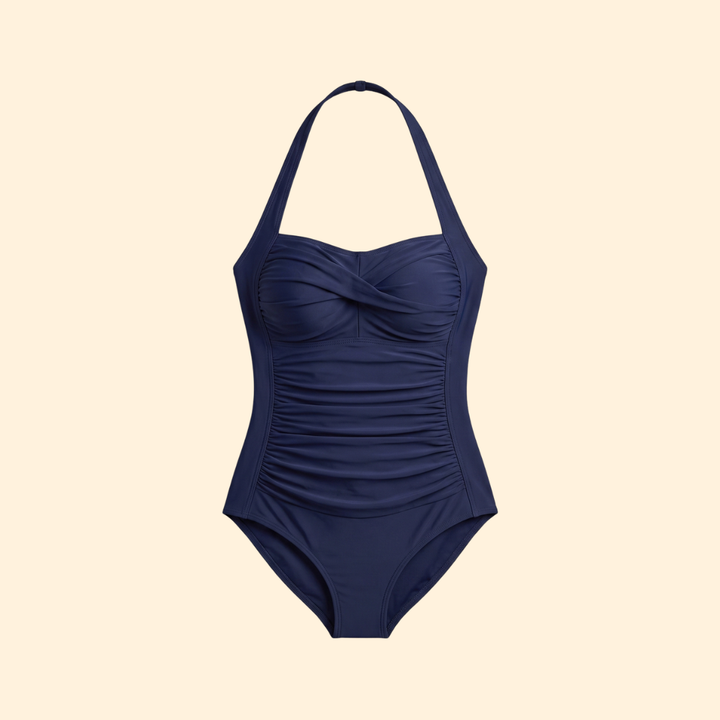 Women Pleated Ruched One-Piece Halter Neck Swimsuit