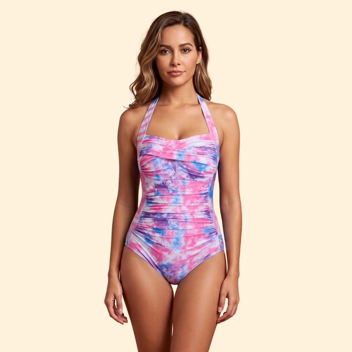 Women Pleated Ruched One-Piece Halter Neck Swimsuit