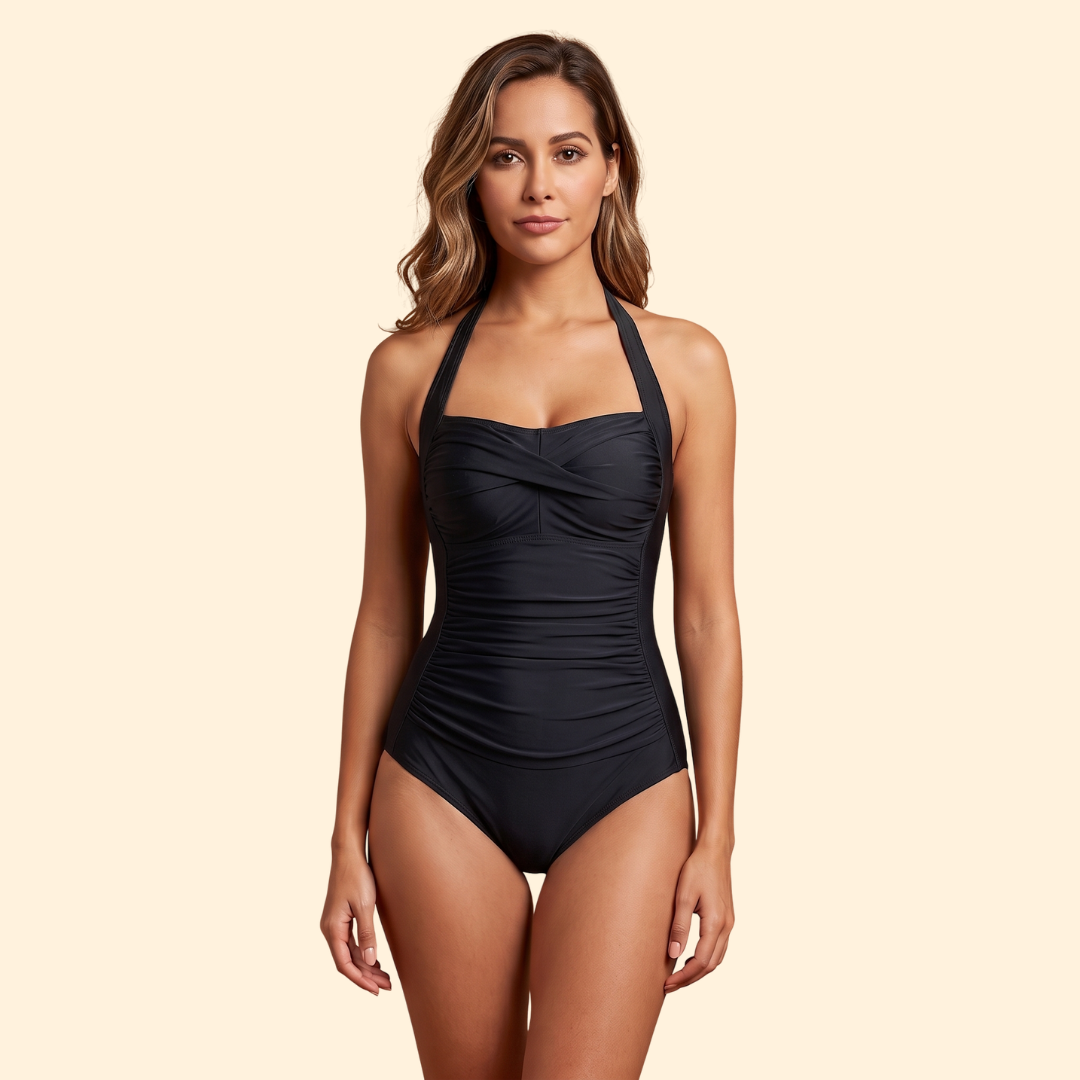 Women Pleated Ruched One-Piece Halter Neck Swimsuit